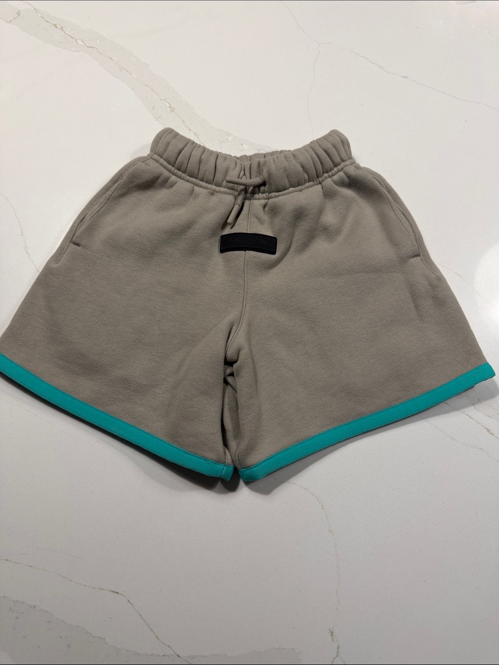 Essentials Fear of God Boys Relaxed Fit Tan Shorts with Teal Trim